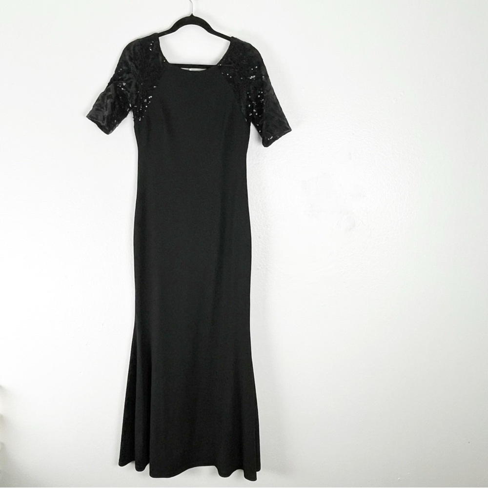 CALVIN KLEIN Black Sequin Sleeves Hidden Back Zipper Lined Maxi Dress 4 Formal